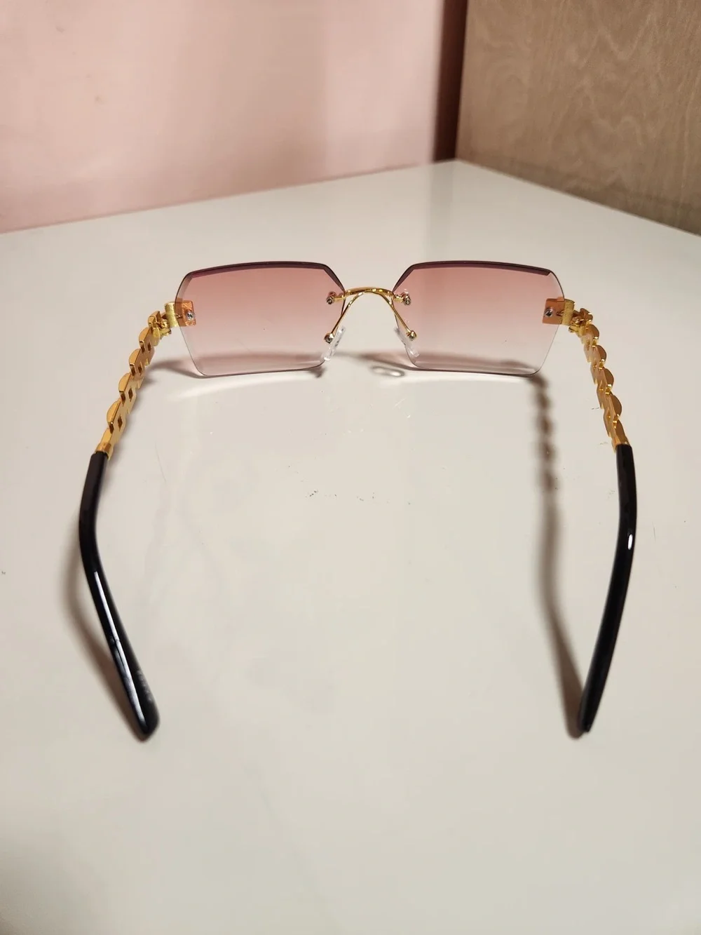 Unisex Rimless Rectangle Sunglasses Gold Metal Frame Pink Tinted Lenses